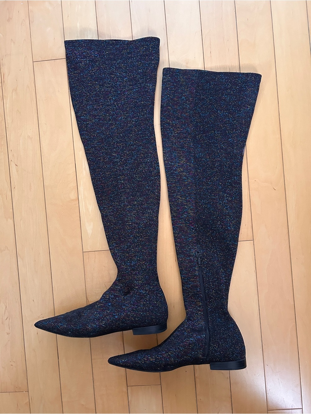 Zara Black Glitter Over-the-Knee Flat Boots